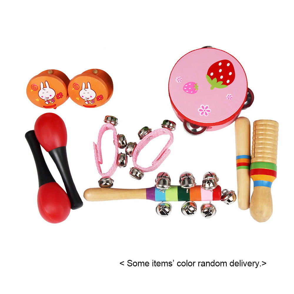 Walmeck 10pcs/Set Musical Toys Percussion Instruments Band Rhythm Kit Including Tambourine Maracas Castanets Handbells Wooden Guiro for Kids Children Toddlers