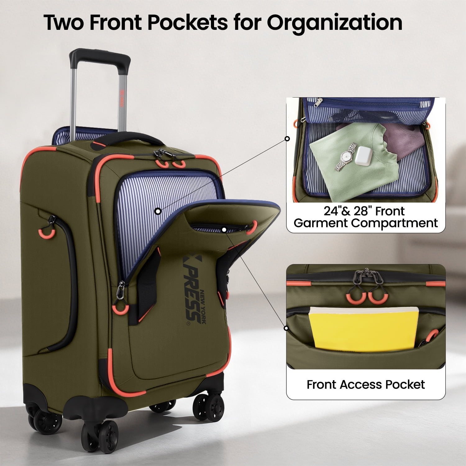 New York Xpress 26" Softside Medium Checked Luggage, Lightweight Water-Resistant Upright Suitcase with Wheels, Green - TA8353