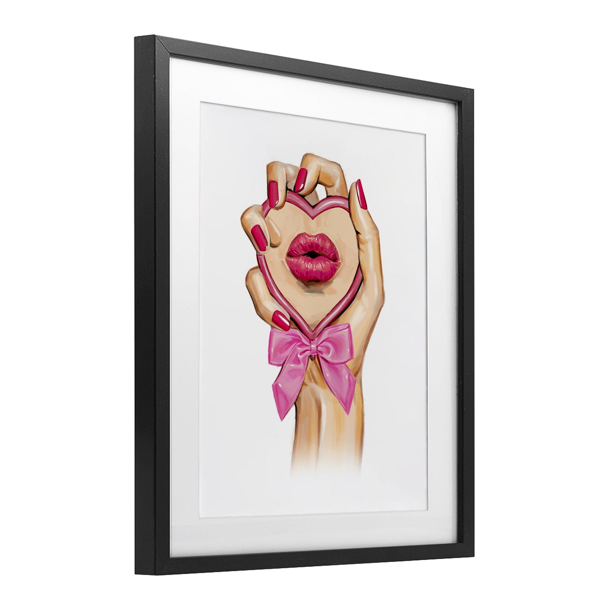 Pink Lips in Mirror Black Framed Print Under Glass, design by Ziwei Li