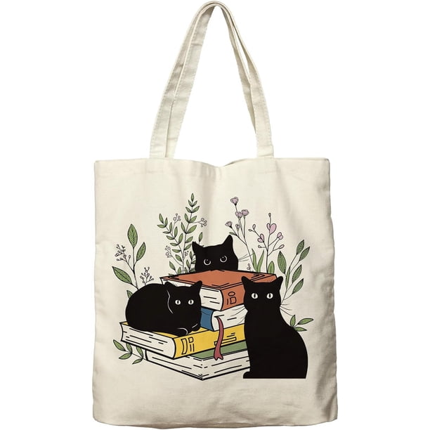 Dlzdn Bolso de Lona Negro con Gato para Mujeres, Bolsa Estética Linda con Flores de Gato, Bolsa de Libros, Bolsa de Compras, Bolsa de Comestibles, Bolsa de Playa, Regalos para Mujeres, Profesora