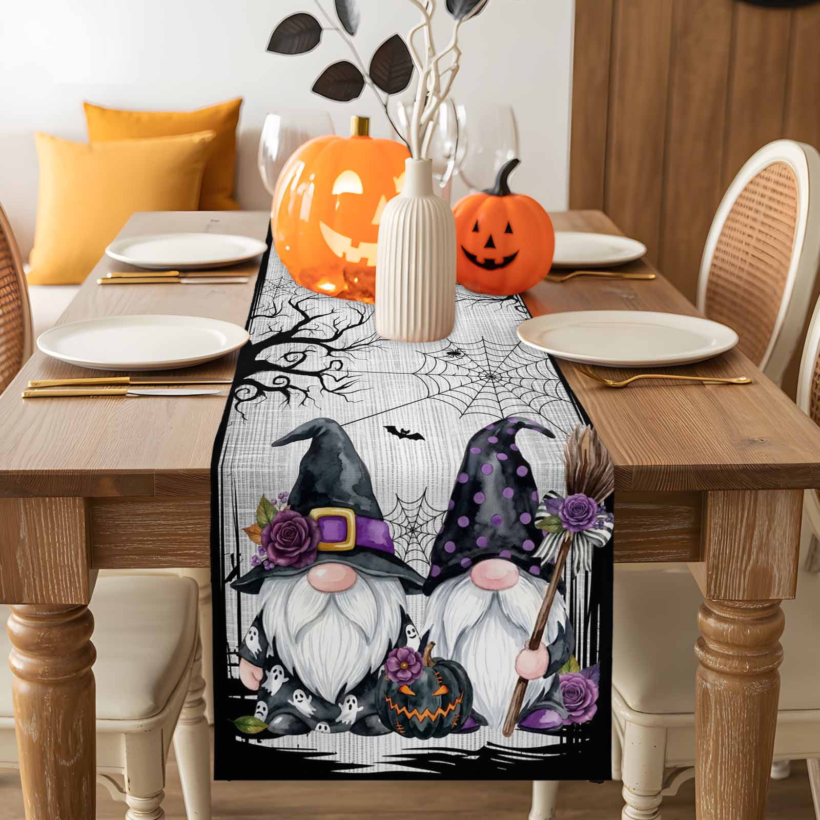 Table Runner Halloween Spooky Gnome Pumpkin Kitchen Dining Table Runners Tabletop Decorations Black Bat Dead Tree Flower Tablerunner Dresser Scarves for Home Party Wedding Birthday Decor 13x72in