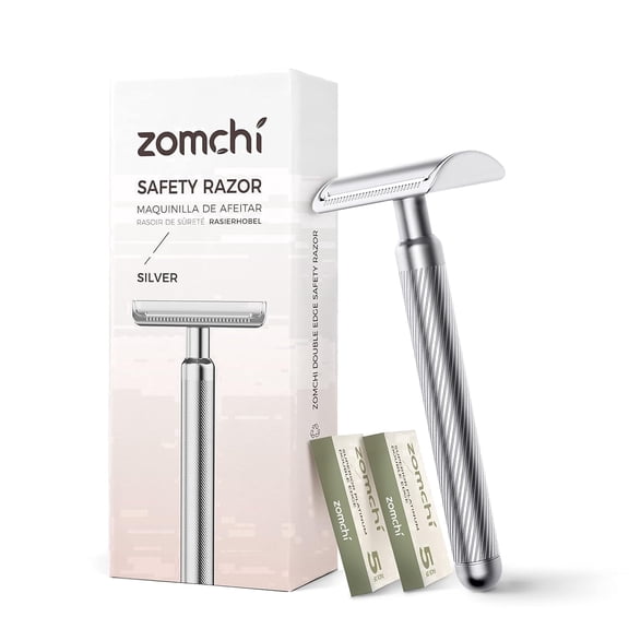 ZOMCHI Double Edge Safety Razor for Men & Women, Reusable Metal Razor with 10 Razor Blades, Single Blade Wet Shaving Razor-Noble Silver