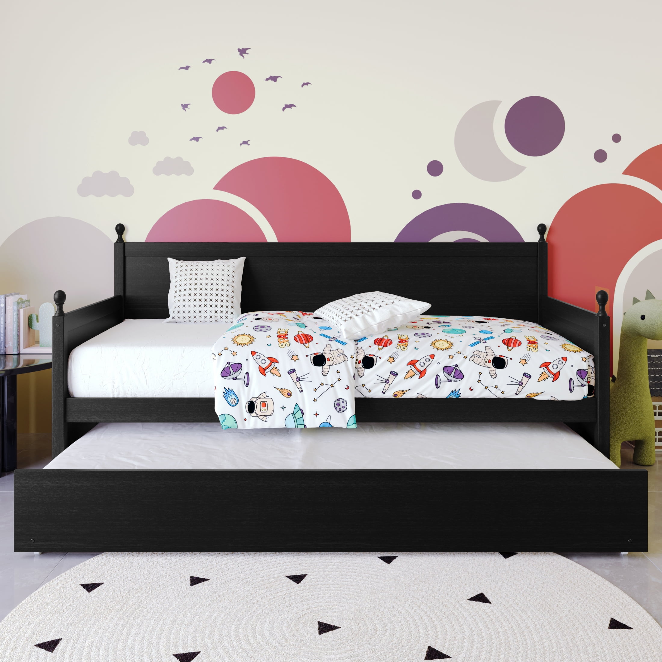 Castle Place Mid-Century Expandable Twin Size Wooden Daybed with Trundle, Black
