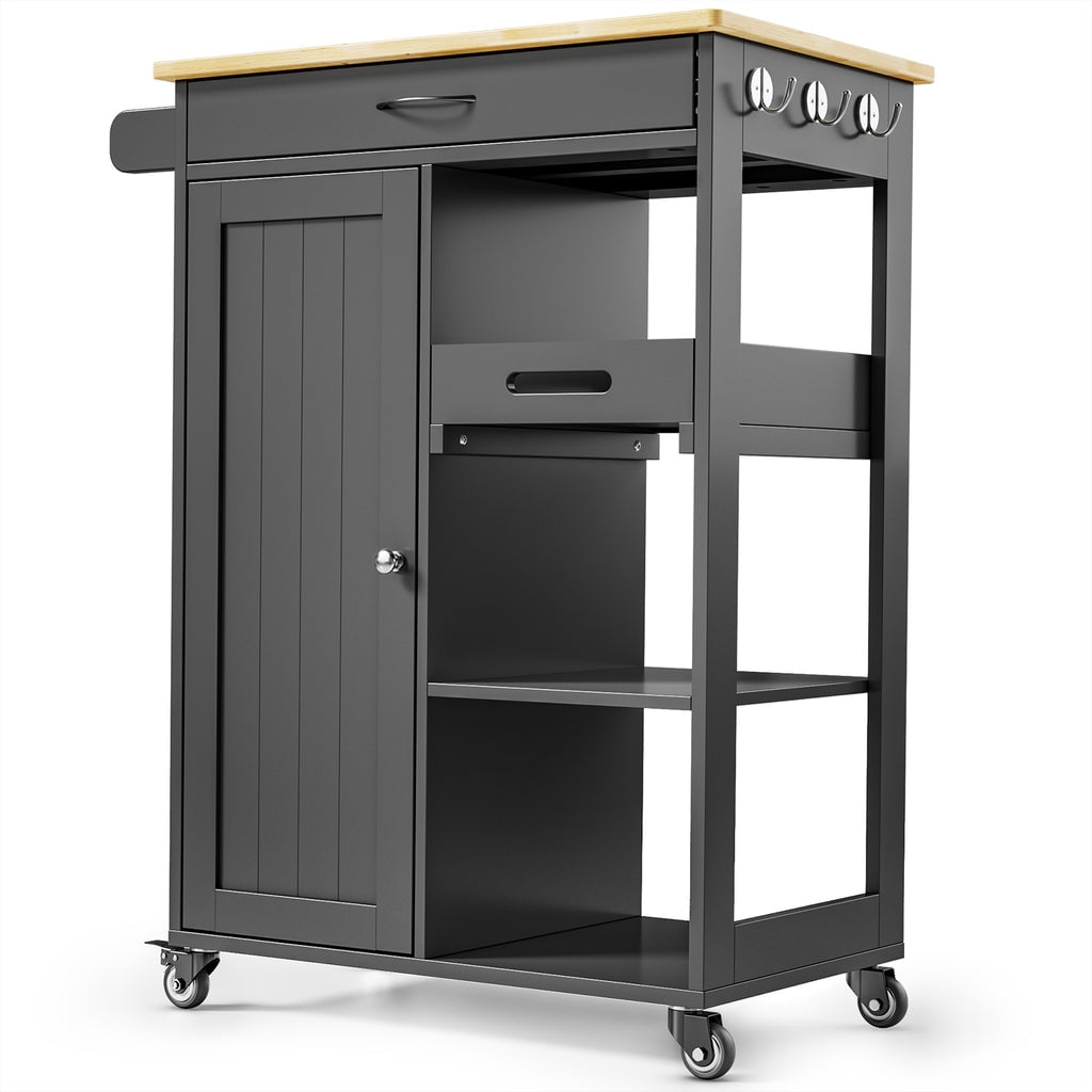 Aiho Kitchen Island Cart on Wheels with Towel Bar and Hooks, Rolling Mobile Serving Utility Cart with Drawer and Adjustable Shelves, Black
