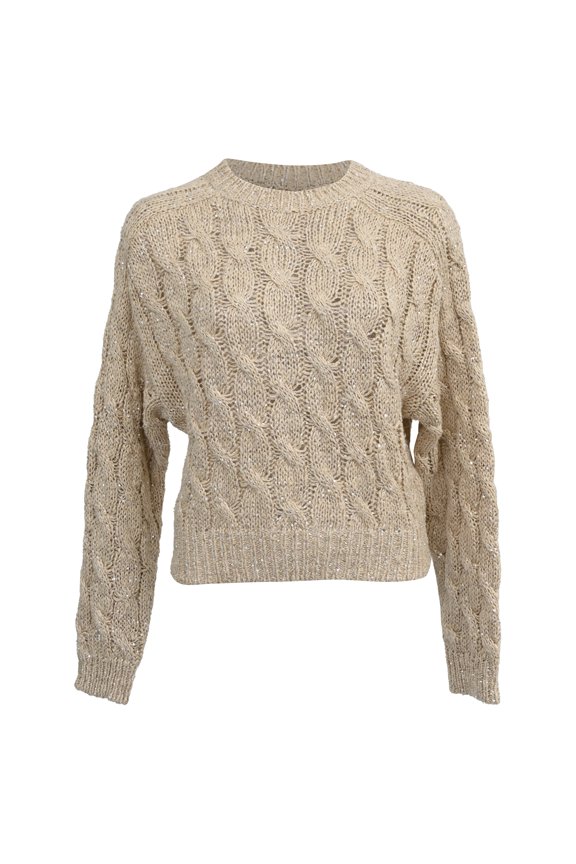 Pre-Owned Brunello Cucinelli Sequin Cable Knit Sweater in Beige Silk & Linen