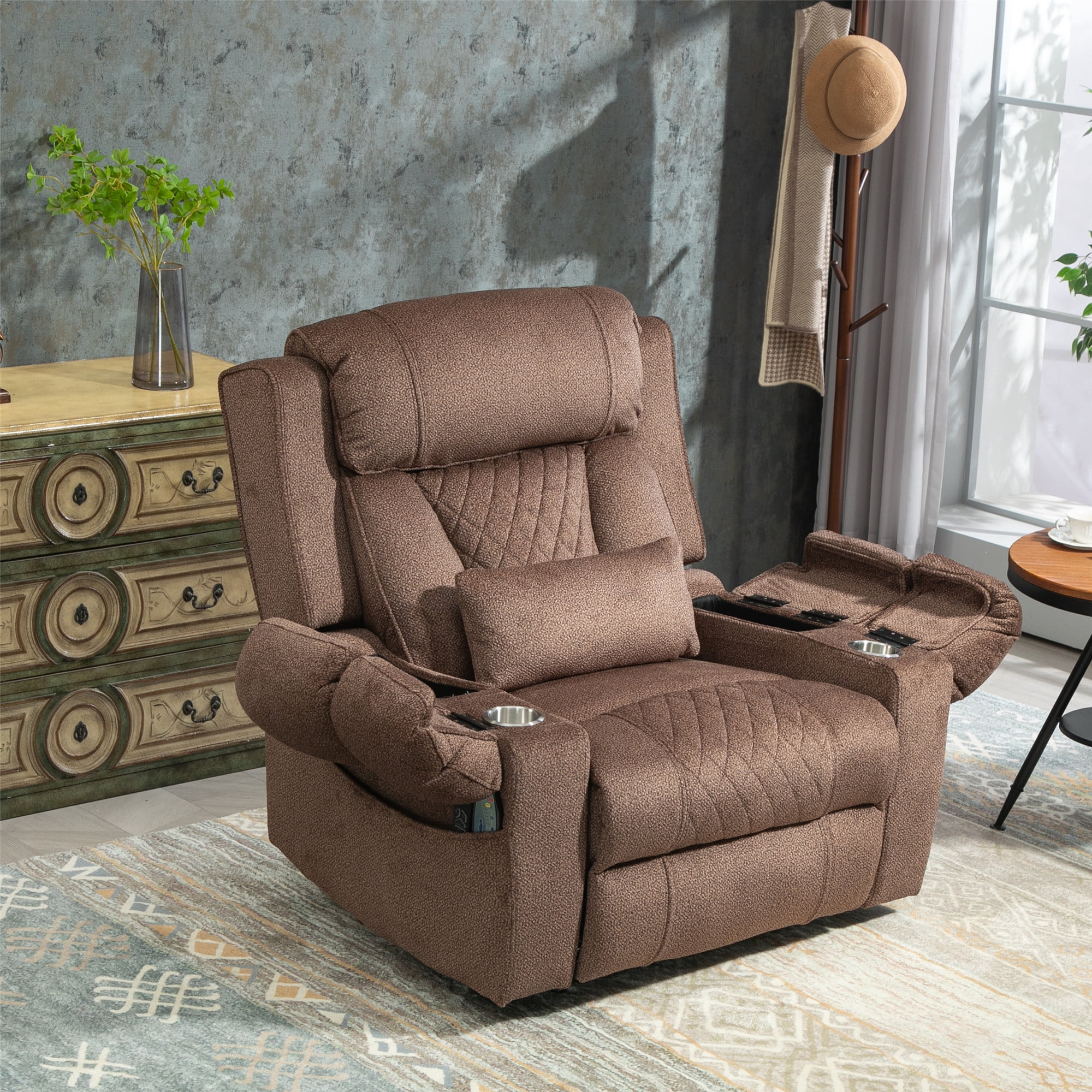 LITVZ Oversized Lift Assist Recliner Chair with Massage Heating, Extra Wide Lay Flat Recliner Chairs with Lumbar Pillow, Flip Arm Storage Cup Holders and USB Type C Charging for Elderly Sleeping