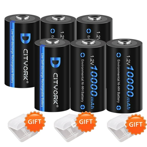 CITYORK 6 Pack D Size Ni-Mh Rechargeable Batteries 10000mAh High Capacity 1.2V Ni-Mh D Cell Batteries 1500 Cycle ( Comes with 3 Battery Storage Cases)