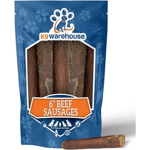 K9warehouse - Beef Sausage Sticks for Dogs (6") 6-Count - Natural, Soft Jerky - Grain-Free, High-Protein - Long-Lasting Chew - All Breeds & Puppies