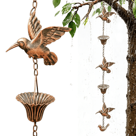 MQHUAYU 8.5Ft Rain Chains for Gutters,Hummingbird and Cup RainChains for Downspouts，Metal Adjustable Rain Catcher Chain for Gutters Outside,Brown