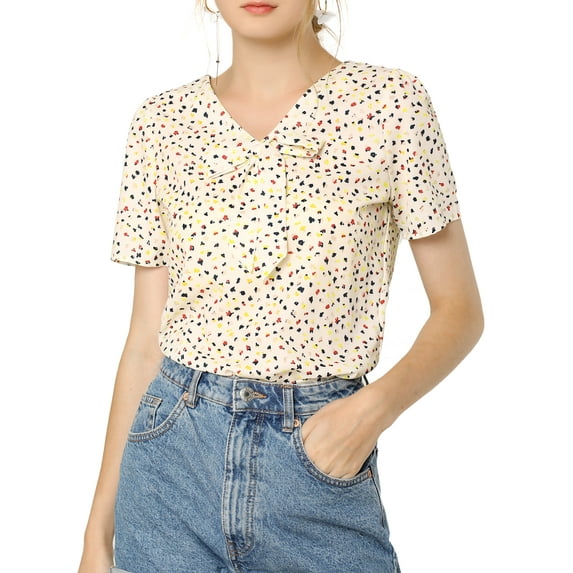 Allegra K Women's Printed Tie V Neck Short Sleeves Straight Loose Blouse Tops