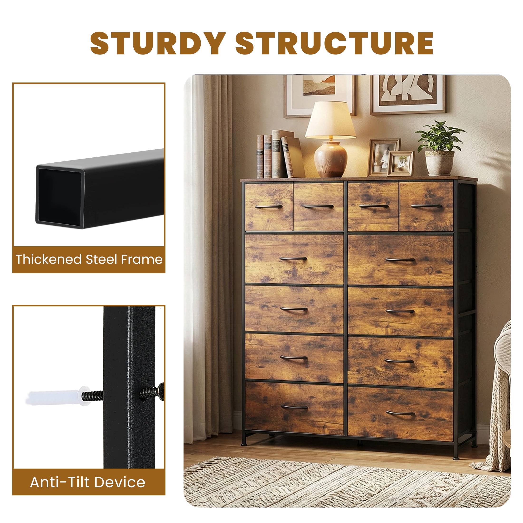 CONCETTA Dresser Storage with 12 Drawers,Structural Stability, Iron Frame Structure and Wood Top for Living room, Home Office, Rust Brown