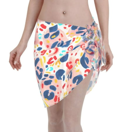 Qekee Abstract Leopard Print Women s Short Sarongs Cover Ups Sheer Bikini Wraps for Swimwear