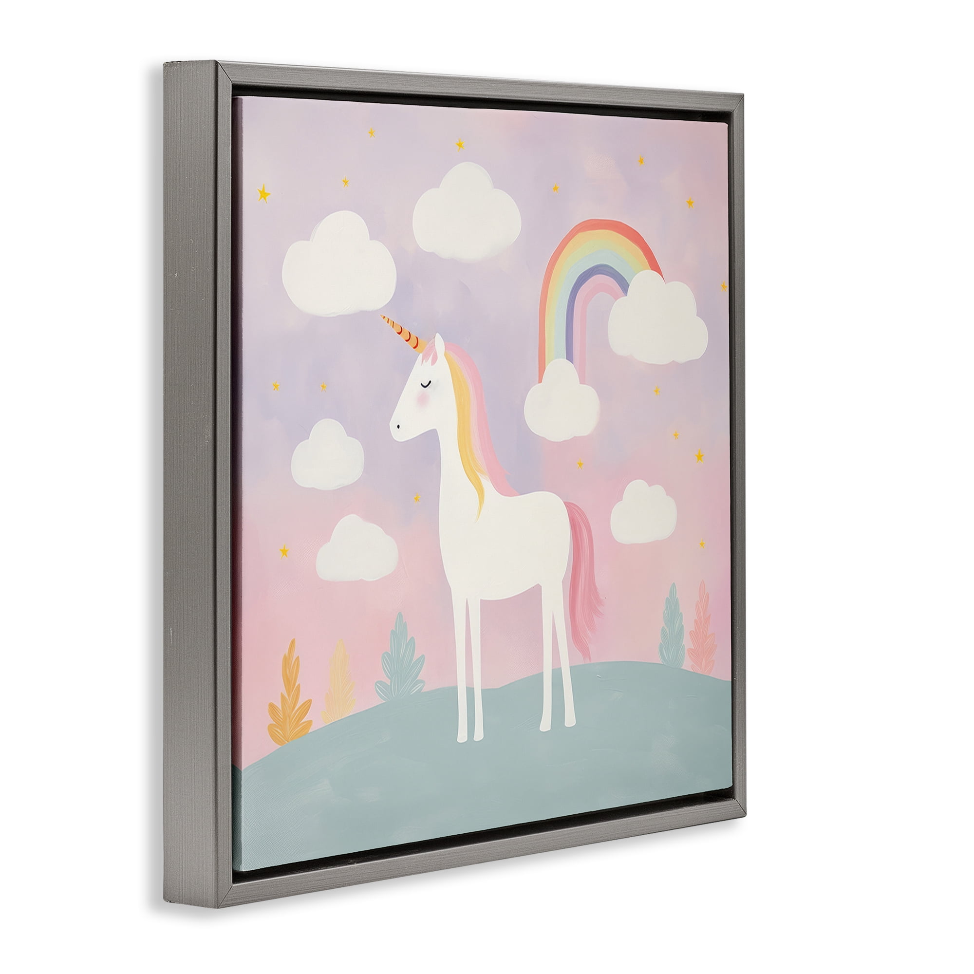 Stupell Industries Mystical Unicorn with Rainbow & Clouds Gray Framed Floater Canvas Wall Art, design by Lazar Studio