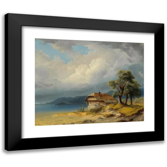 Markus Pernhart 14x12 Black Modern Framed Museum Art Print Titled - Lake Worthersee, a Fishing Hut