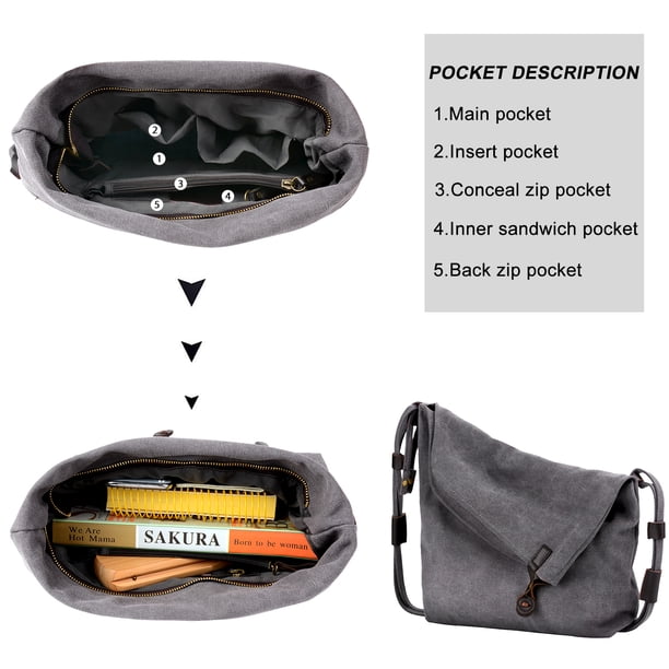 Coofit Preppy Canvas Unisex Retro Messenger Bag Daypack (Dark Gray