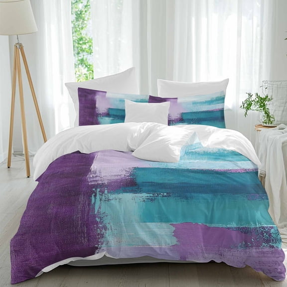 3 Piece Purple Turquoise Oil Painting Duvet Cover Set California King,Microfiber Comforter/Quilt Cover with Corner Ties and 2 Pillowcases,Abstract Modern Geometric Soft Bedding with Zipper Closure