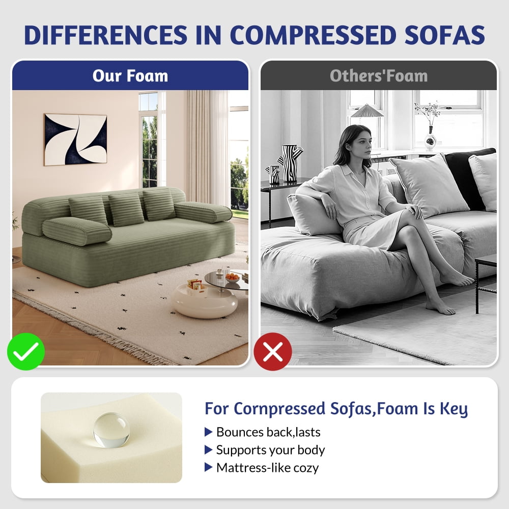 Miniyam 78.7" Sleeper Sofa Bed, Convertible Corduroy Floor Couch, No Assembly, 3 Pillows, Green