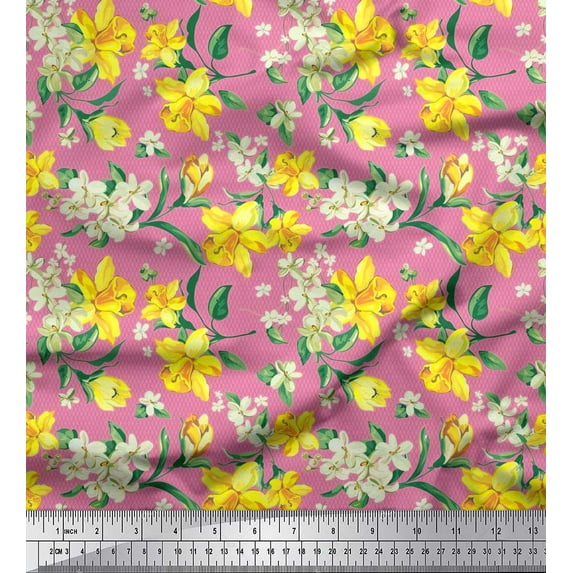 Soimoi Japan Crepe Satin Fabric Ogee Damask,Plumeria & Daffodil Floral Printed Fabric 1 Yard 42 Inch Wide