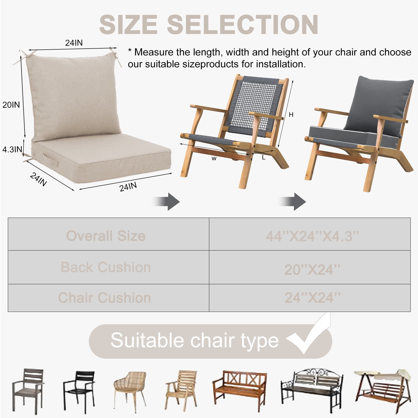 XXLYY Outdoor Cushions for Patio Furniture, Waterproof Deep Seat Cushions Set , 24*24 In Outdoor Chair Replacement Cushions with Removable Cover for Chair Sofa Couch