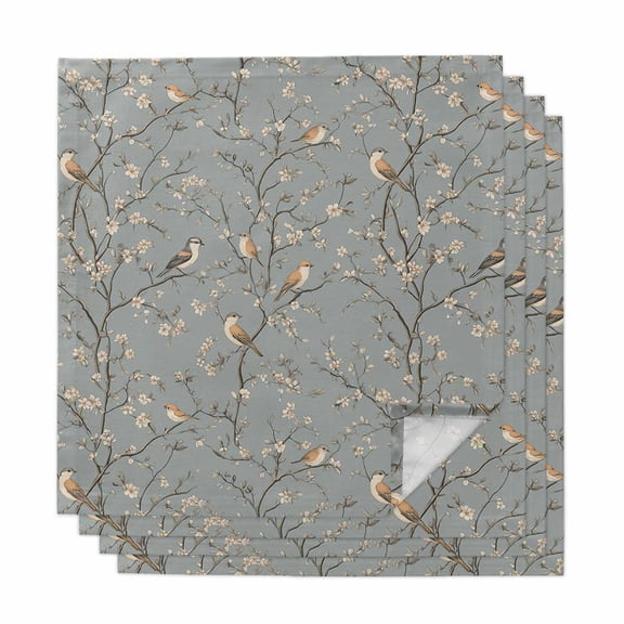 Tree Birds Cloth Napkins, Vintage Grey Flower Floral Branch Spring Washable and Reusable Dinner Napkins Set of 4, Table Napkin for Kitchen Party Birthday Wedding Hotel Housewarming 20"x20"