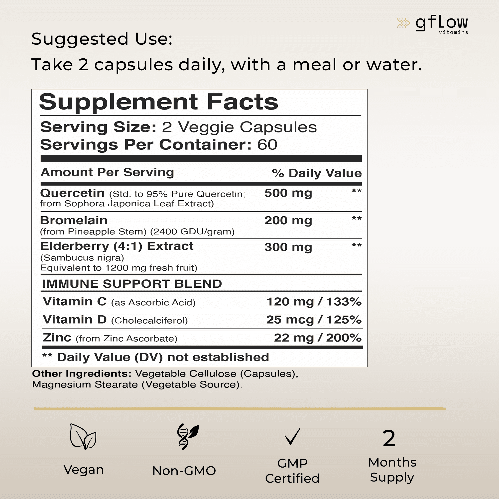 Gflow Vitamins Quercetin with Bromelain, Elderberry, Vitamin C, D and Zinc  - Elderberry with zinc and Vitamin c for Adults (Non-GMO, Vegan) - 4 months supply