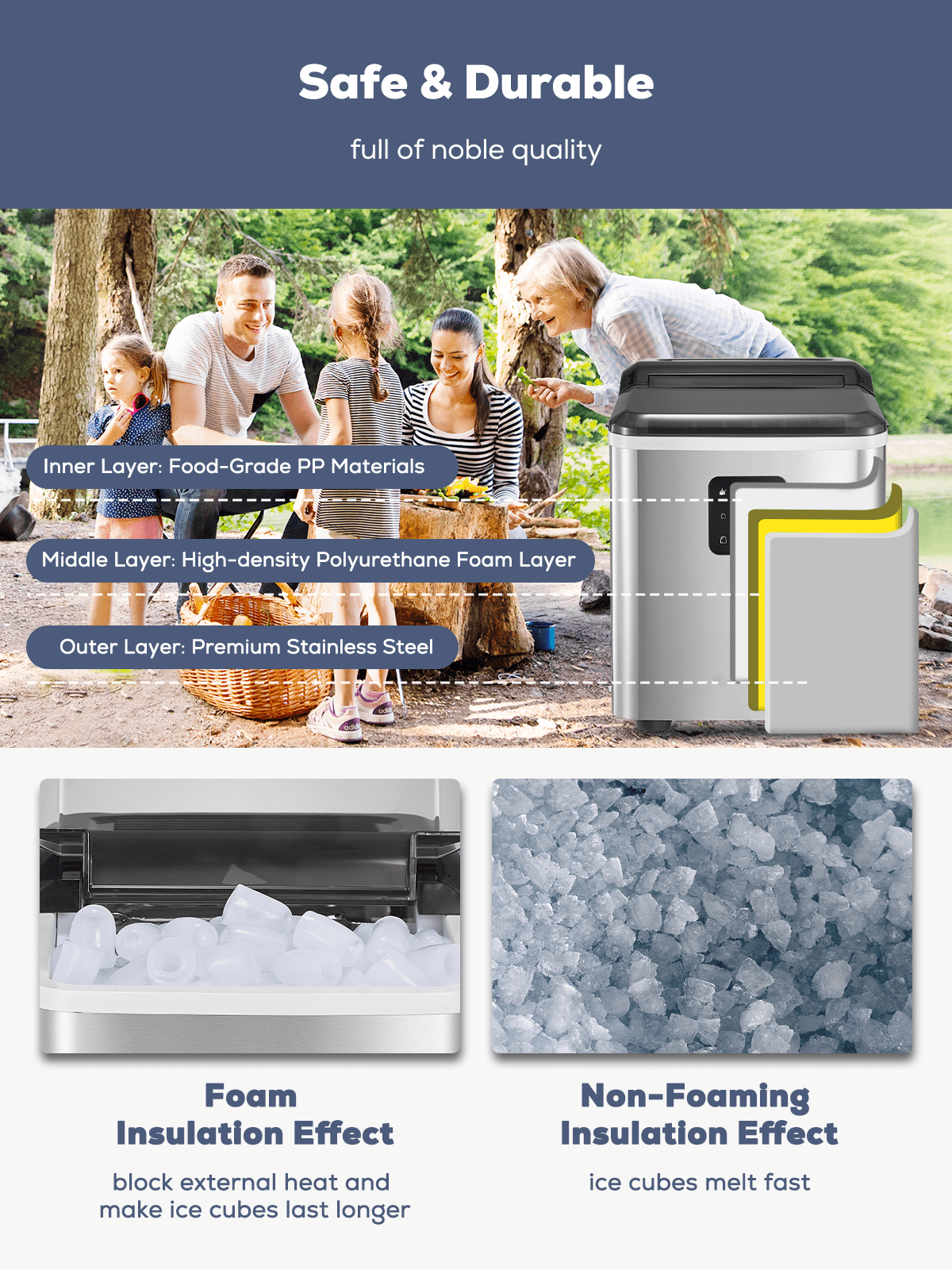 FOHERE Ice Maker Countertop 2 Sizes, 28lbs in 24h, 9 Bullet Ice in 6M, Selfclean, Stainless Steel
