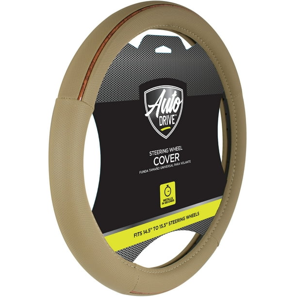 Auto Drive Universal Fit Steering Wheel Cover, Tan with Burlwood