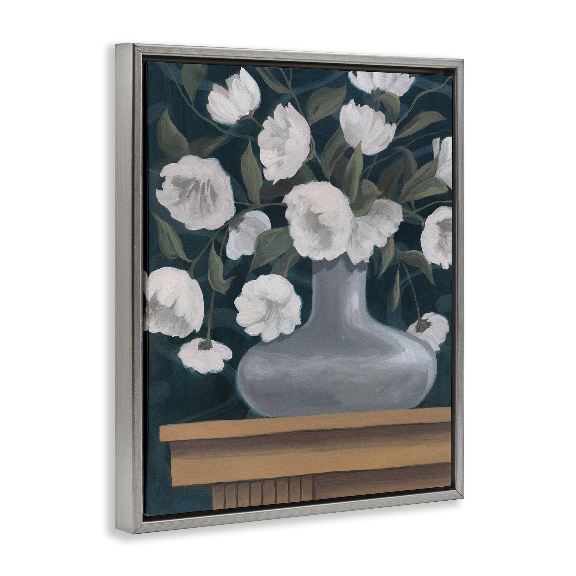 Stupell Industries White Flowers in Round Vase Plants & Flowers Painting Gray Floater Framed Canvas Art Print Wall Art, 17 x 21