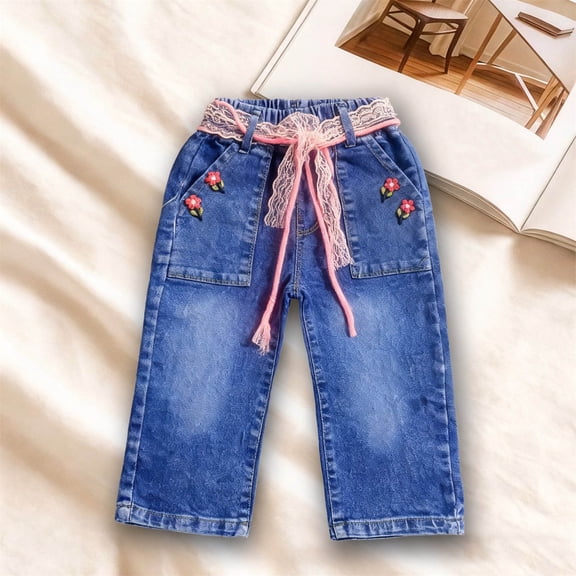 ITSAME Jeans for Girls, with Large Pocket Elastic Waist Drawstring Casual Wide Leg Denim Pants Blue 4-5T