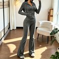 thumbnail image 4 of Womens 2 Piece Outfits Athleisure Sets Ribbed Long Sleeve Zip Up Hoodie and Flare Pants Matching Sets Bodycon Workout Tracksuit Casual Going Out Outfits, 4 of 8