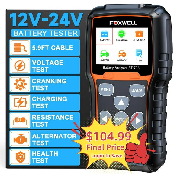 FOXWELL BT705 12V 24V Car Battery Tester, 100-2000CCA Battery Load Tester Battery Analyzer Digital Charging System Alternator Tester Diagnostic Tool fits for Car Truck Boat