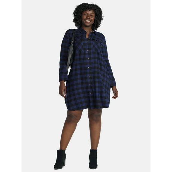 Terra & Sky Women's Plus Cotton Plaid Oversized Shirtdress, Sizes 0X-5X