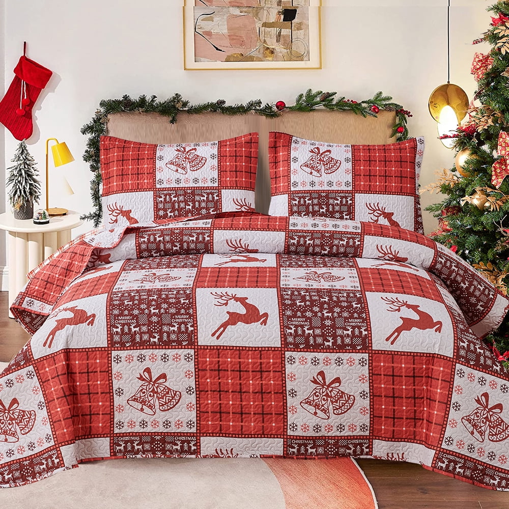 Green Essen Christmas Quilts King Size Deer Bedding Set Rustic Cabin Bedspreads Reindeer Bells