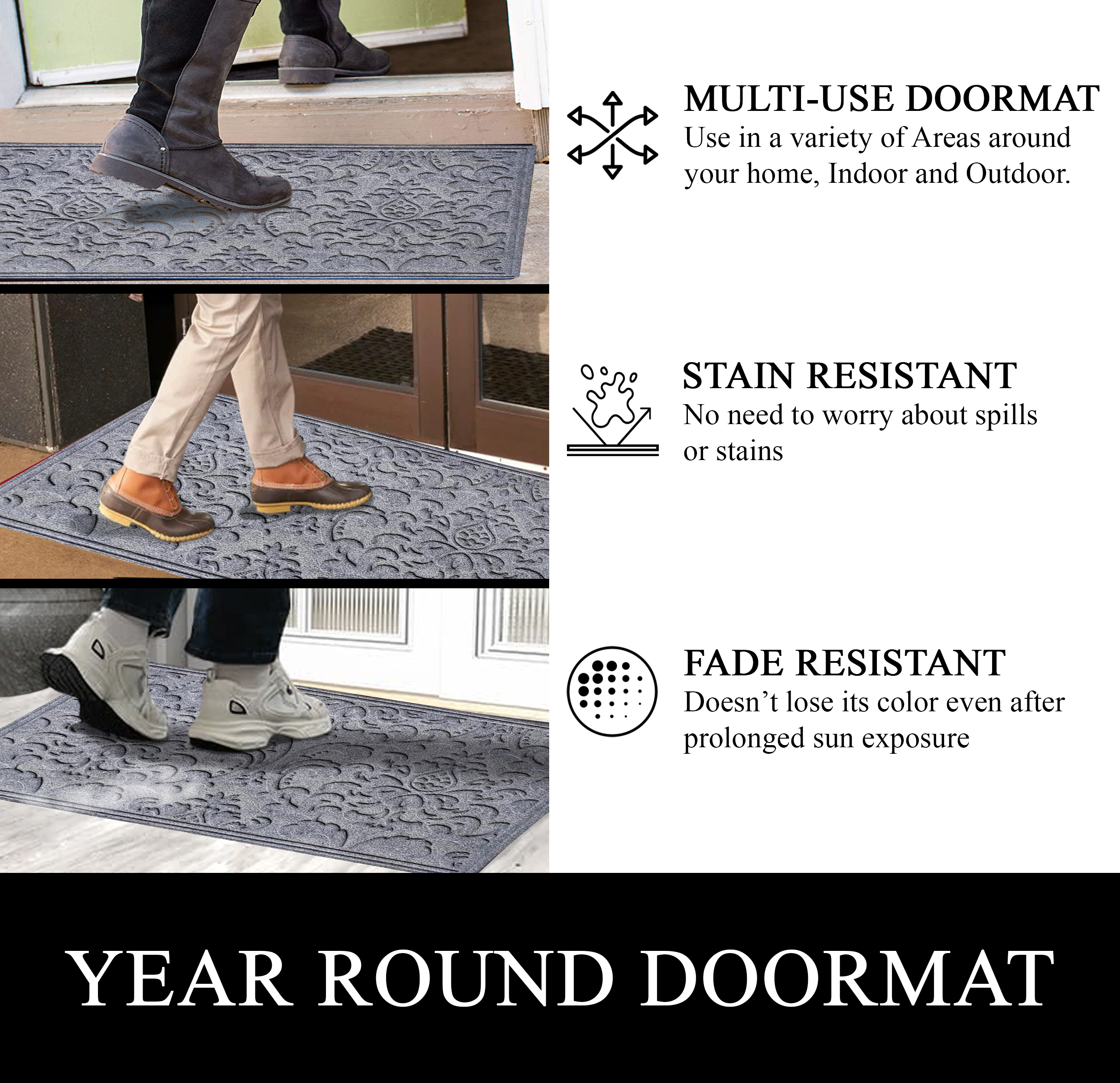 A1HC All Weather Dirt and Moisture Absorbing Polypropylene(PP) Door Mat with Tire Crumb Rubber Backing, Indoor Outdoor Use, Light Grey, 24x36 Inch