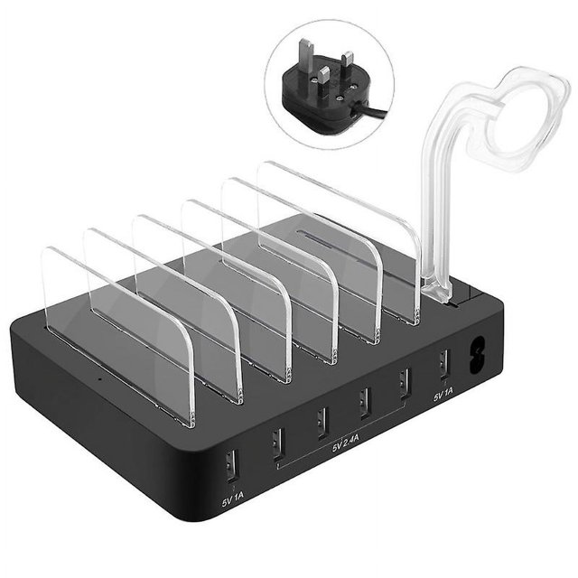 Black UK Cargador multifunción inteligente y rápido Cargador USB con soporte de administrador de 6 líneas