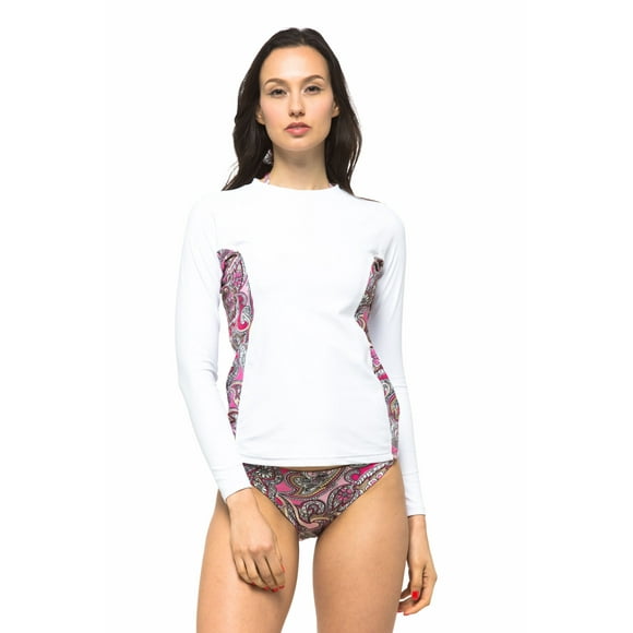 Private Island Women UPF 50+ Rash Guard Top Long Sleeve Swimsuit T- Shirt Workout (XL, White wPGS-RGT)