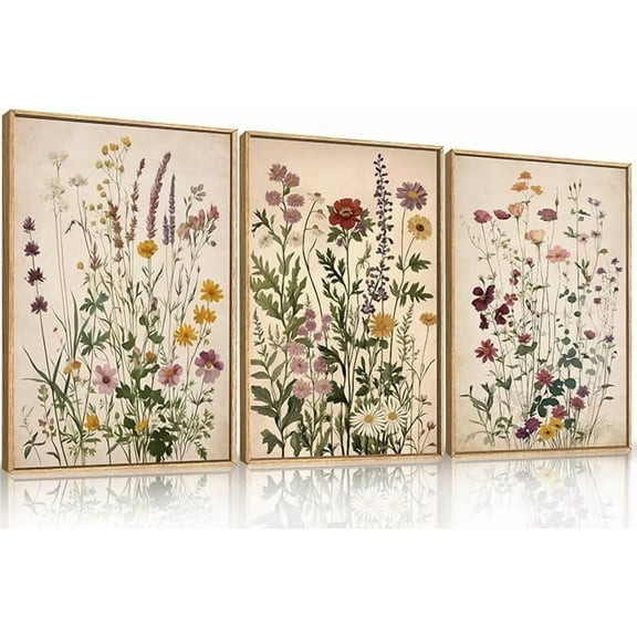 Vintage Wildflower Watercolor Framed Canvas Wall Art Set, Retro Flower Botanical Wall Decor, Colorful Floral Wall Painting, Flower Illustration Art Prints for Living Room, Bedroom 16"x24"x3