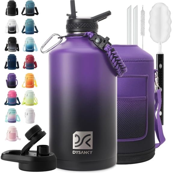 Insulated Stainless Steel 128 Ounce Water Jug with Straw Portable Sports Bottle for Gym and Hiking Purple or Black