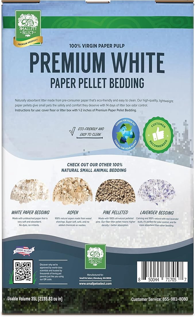 Small Pet Select - Premium White Small Animal Pellet Bedding for Rabbit, Hamster & Guinea Pig Cages and Litter Pans - Lightweight & Odor Controlling Paper Pellets Safe for Small Animals - 35L