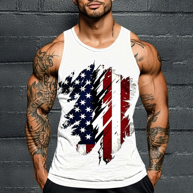 Camiseta sin mangas de cuello redondo para hombre, con estampado del Día de la Independencia, cuello redondo, estilo informal, deportiva, para hombre
