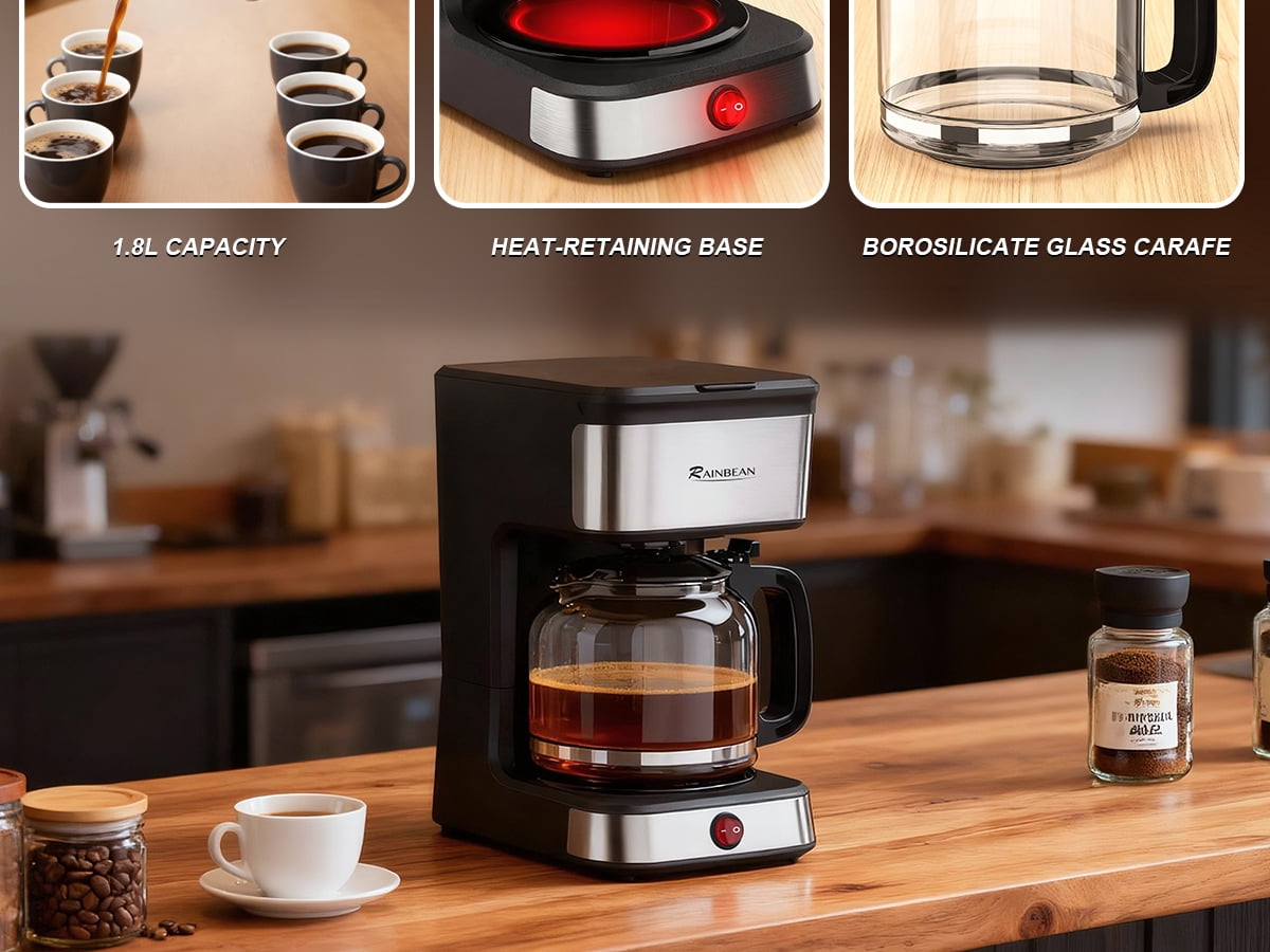RAINBEAN 12 Cup Drip Coffee Maker,Home Office Coffee Brewing Machine with Removable Filter,Glass Carafe and Heated Base Black & Stainless Steel