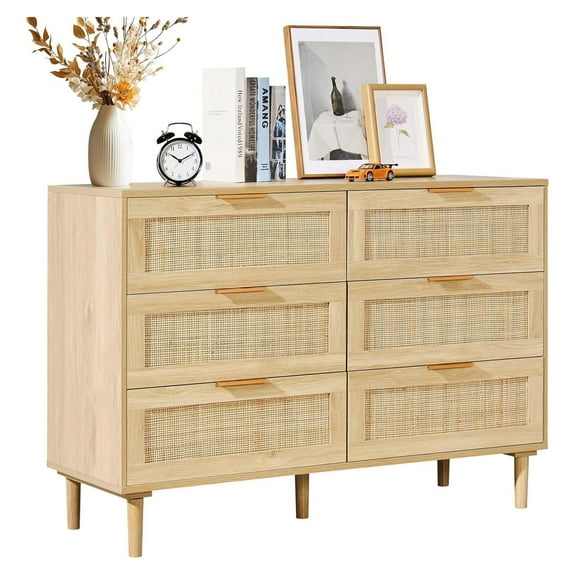 6 Drawer Rattan Dresser, Boho Dresser, Rattan Chest of Drawers with Spacious Storage, Natural Rattan Dresser for Bedroom, Living Room & Hallway,Rattan Nightstand with Sturdy Handles&Legs, Brown