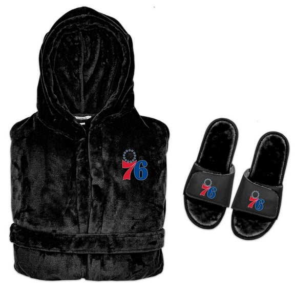 Men's ISlide  Black Philadelphia 76ers Hooded Phantom Robe & Fur Slide Bundle