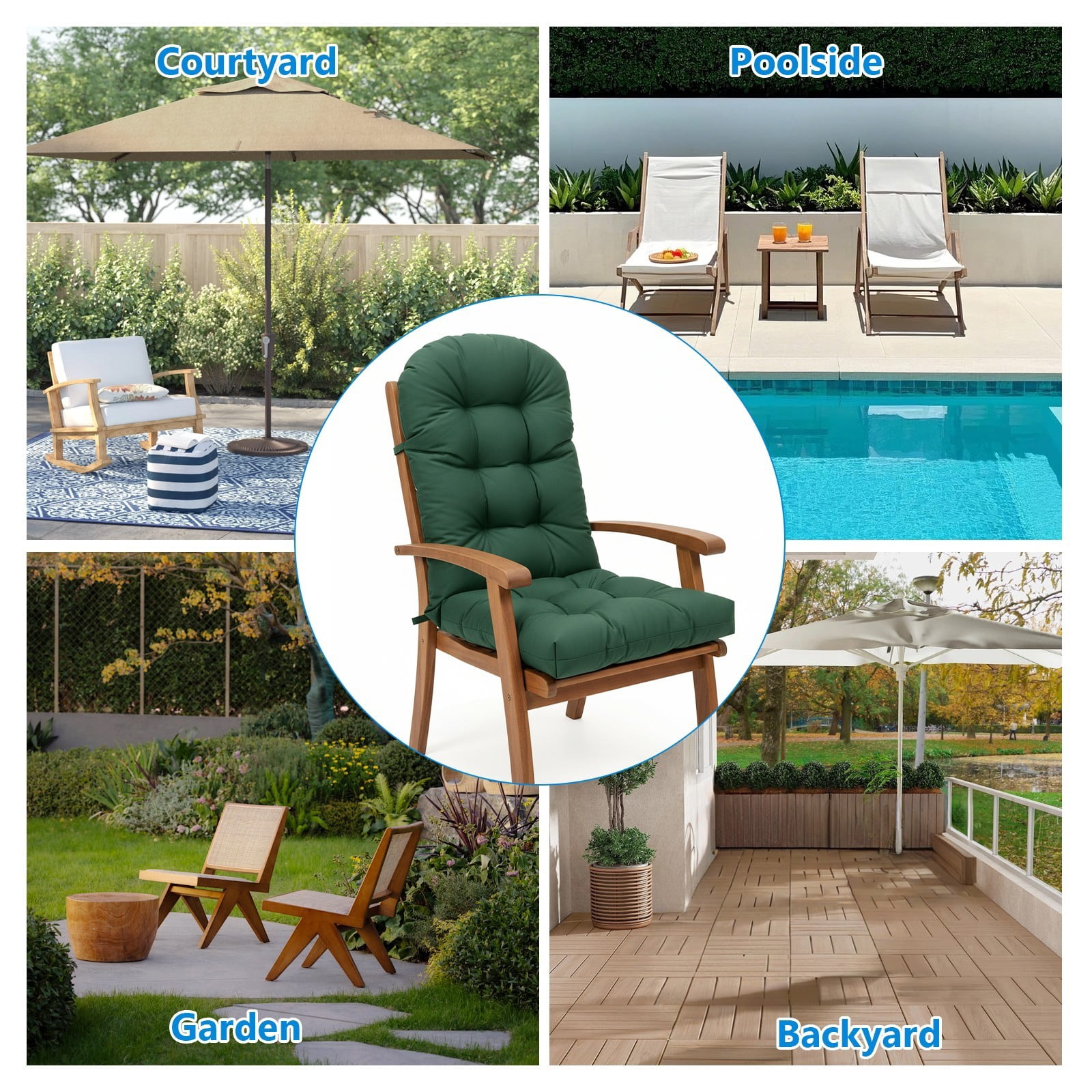 TOPCHANCES Outdoor Adirondack Chair Cushion with Ties, Water-Resistant Oxford Fabric High Back Rocking Chair Cushions (Dark Green)