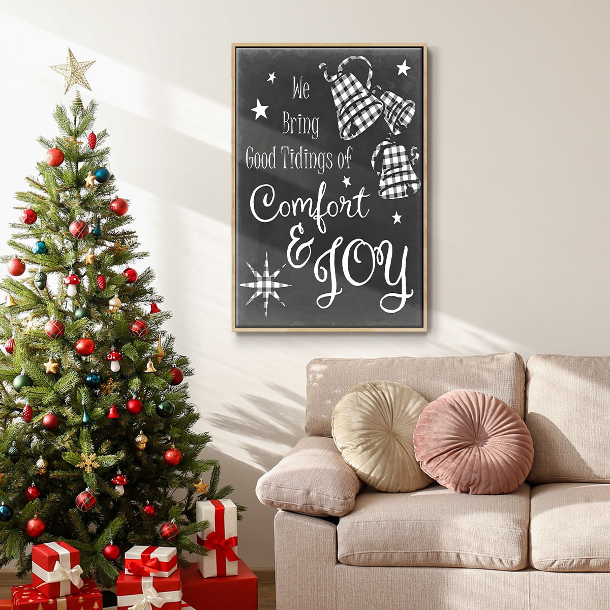 Comfort and Joy - Framed Gallery Wrapped Holiday Canvas - 27 x 41 - Natural Wood Frame