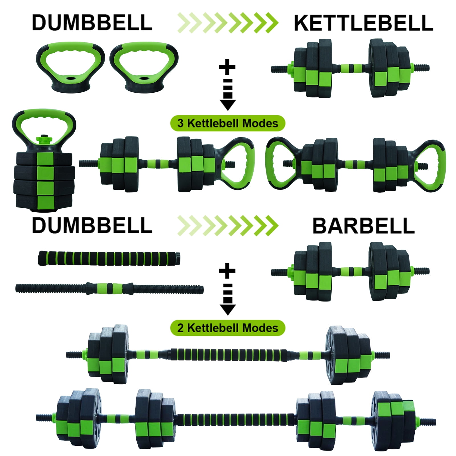 4-in-1 Adjustable Dumbbell Set – Free Weights for Home Gym, Converts to Barbell, Kettlebell, Push-Up Stand – Multifunctional Strength Training Equipment for Men & Women – 44 lbs, Green