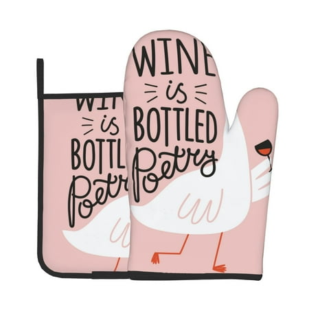 

KLL Goose Holding Wineglass with Red Wine Pattern Oven Mitts and Pot Holders 2pcs Sets for Kitchen Oven Mitt Heat Resistant 536°F Oven Gloves for Kitchen Cooking and Baking