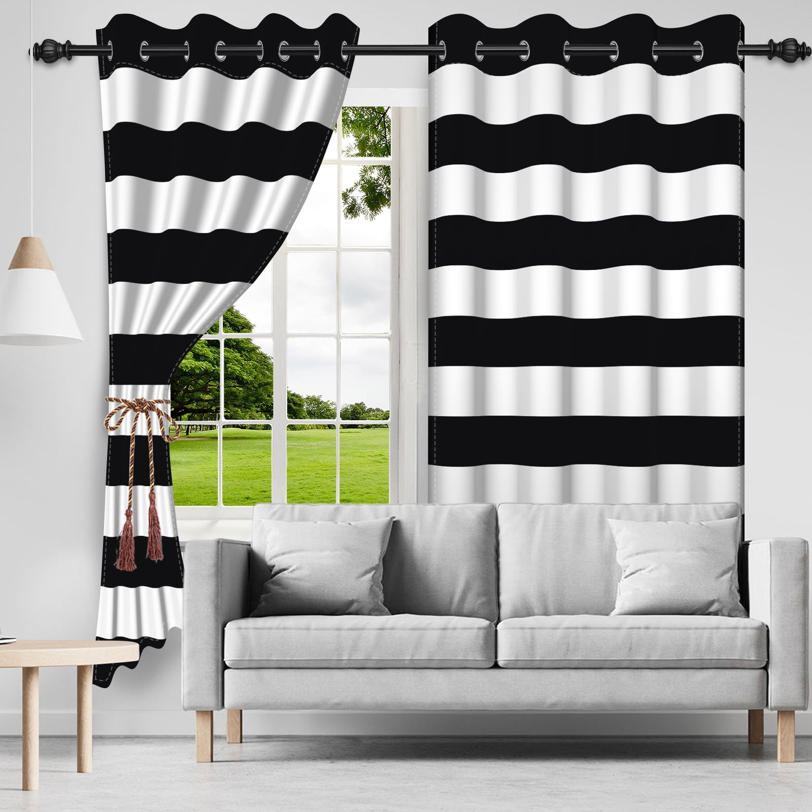 Nanqianyi Black White Horizontal Striped Blackout Curtains, Thermal Insulated Classic Grommet Drapes for Bedroom Living Room, 2 Panels 42"W x 84"L