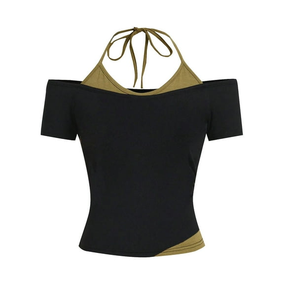 MIXUE Boho Tops For Women Summer Solid Color Off Shoulder Halter Short Sleeve Casual Pullover Shirts For Women T Shirts Holiday Wear,Green,L