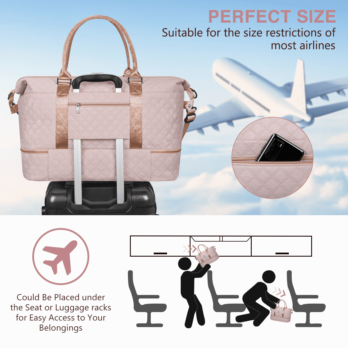 Travel Duffle Bag, Weekender Bags for Women with Shoe Compartment, Carry on Overnight Bag with Toiletry Bag and Shoes Bag, Gym Duffel Bag with Wet Pocket, Hospital Bags for Labor and Delivery, Pink
